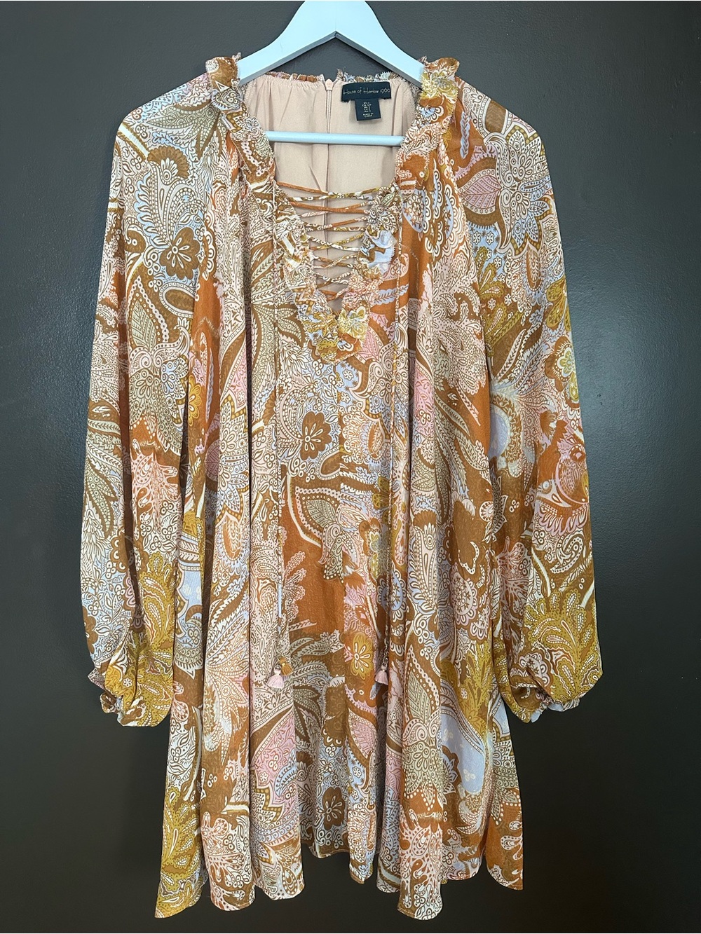 HOUSE OF HARLOW Chiffon Tassel Balloon Sleeve Boho Paisley Mini Dress Small